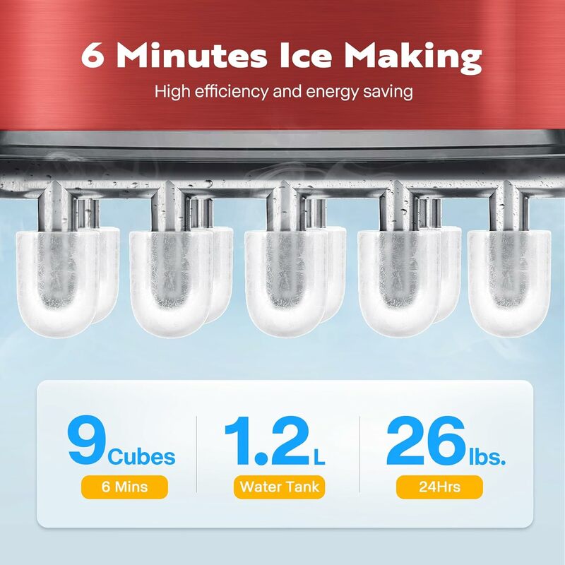 Vivoome-آلة صنع الثلج كونترتوب ، التنظيف الذاتي ، 9 مكعبات ثلج في 6 دقائق ، 26 رطل/يوم ، مع مغرفة يدوية ، تنظيف ذاتي