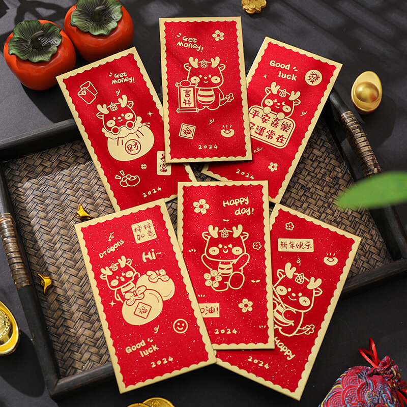 6 buah 2024 Cina Tahun Baru amplop merah Tahun Naga Hongbao Festival Musim Semi saku merah terbaik berharap uang beruntung kantong hadiah tas