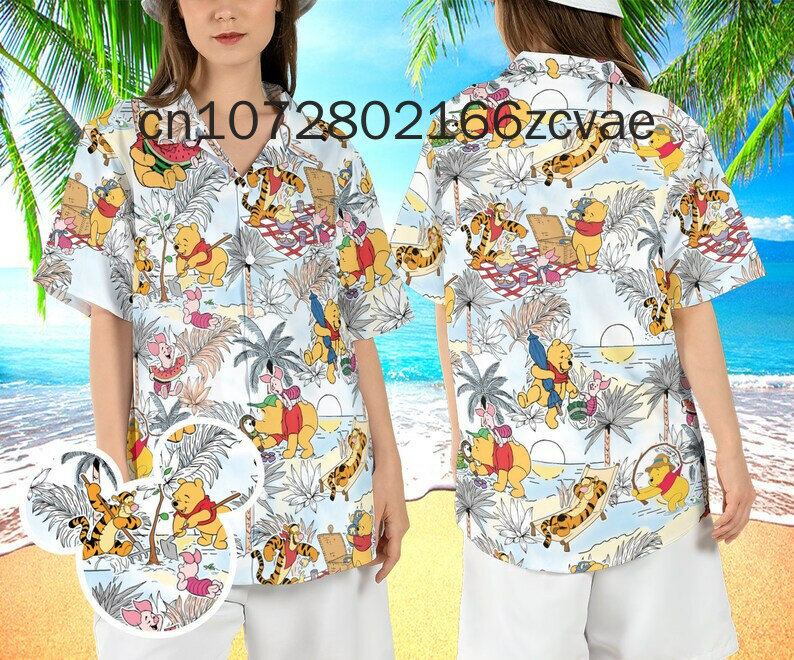 Camisa havaiana 3D com estampa Disney All Over, Leitão, Ursinho Pooh, camisa de praia de manga curta, na moda