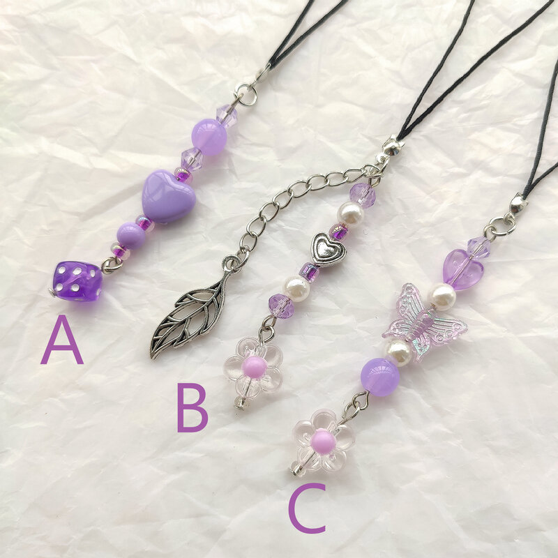 Handmade Punk Y2k Purple Metal Heart Style Acrylic Beads PhoneChain Charm Boho Phone Anti-lost Strap for Women Girl Friends Gift