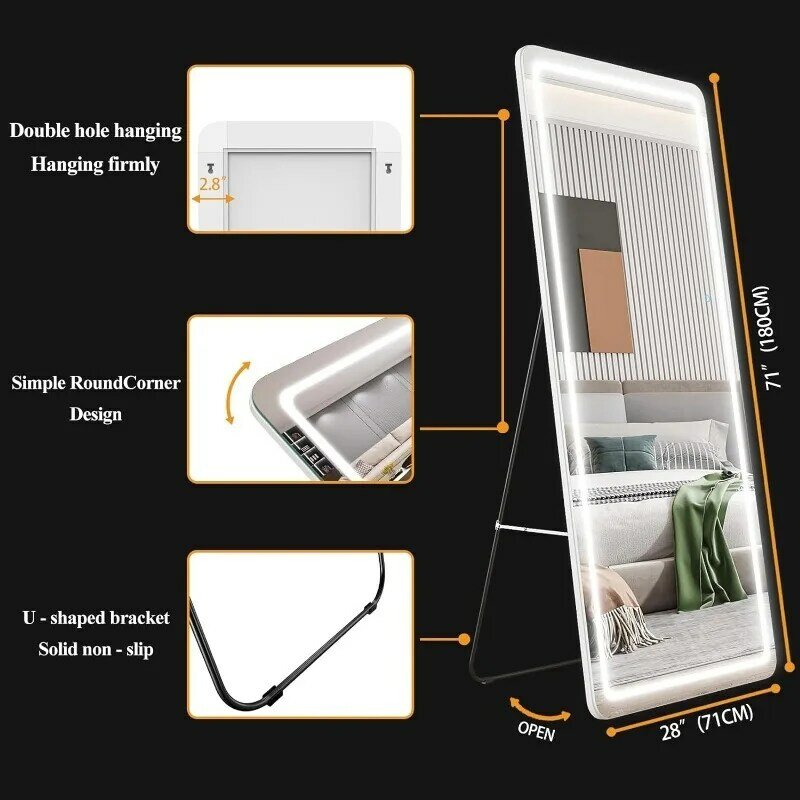 Mirror Decor Lighted Full Body Mirror 71" x 28", LED Standing Wall Mount Mirror with Dimming and 3 Color Modes (White)