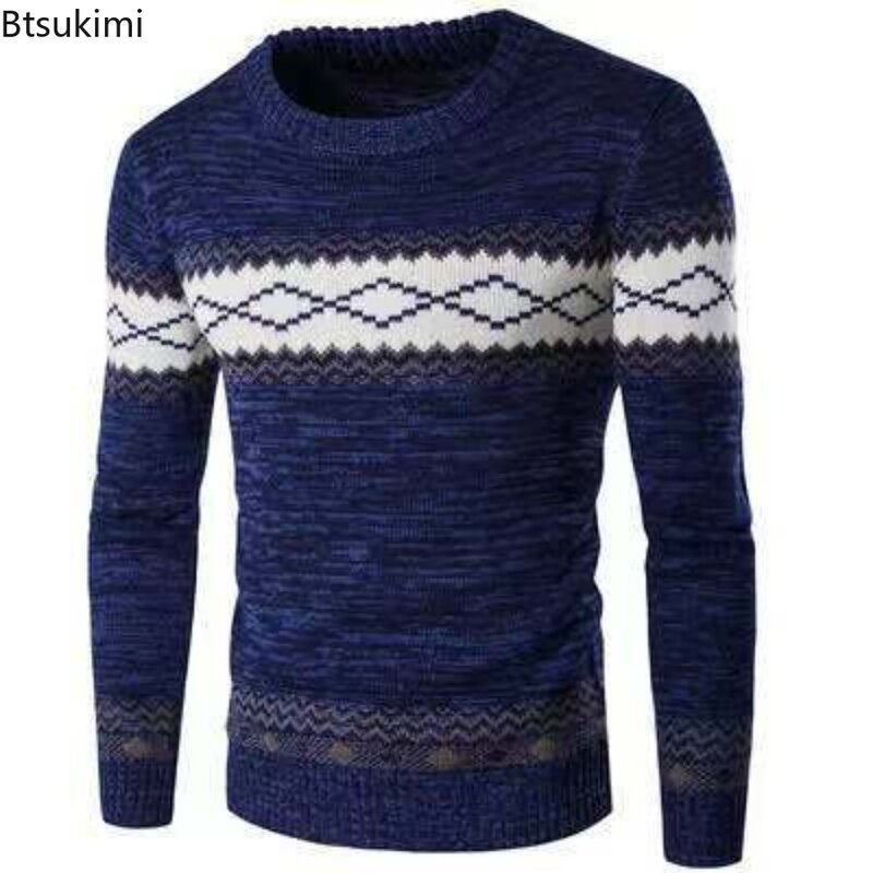 2023 Men's Contrast Color Knitted Sweater Autumn Winter Ethnic Style Slim Fit Bottom Knitted Sweater Tops for Men Casual Sweater