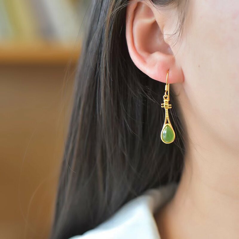 S925 Silver Inlaid Jasper Earrings Natural Hetian Jade Hook Earring Fashion Women Stud Jewellery Gift Stylish Gemstone Jewelry