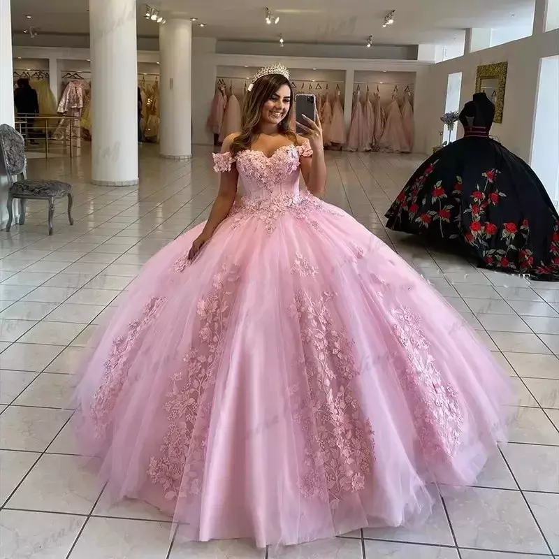 Off-ombro Lace Quinceanera Vestidos, Querida vestido de baile, Sweet 16, Sexy, Applique, Birthday Princess Party Gowns