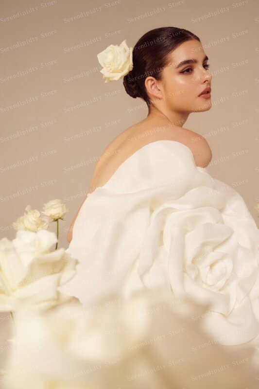Gaun pesta tanpa tali putih gaun Floral buatan khusus gaun Satin mawar panjang Mini gaun pengantin untuk Prom Ever cantik