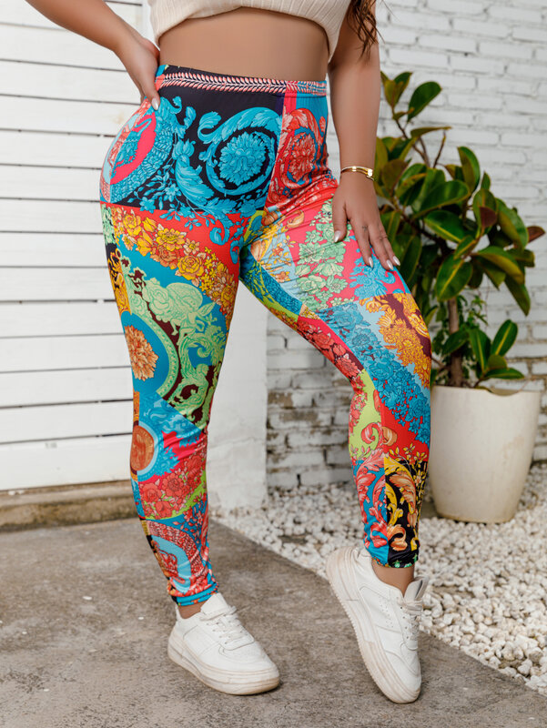 Plus Size Women's Colorful Patchwork Floral Print Leggings High Stretch Knit Casual Comfort Sports Pants Mid-Waist Trousers
