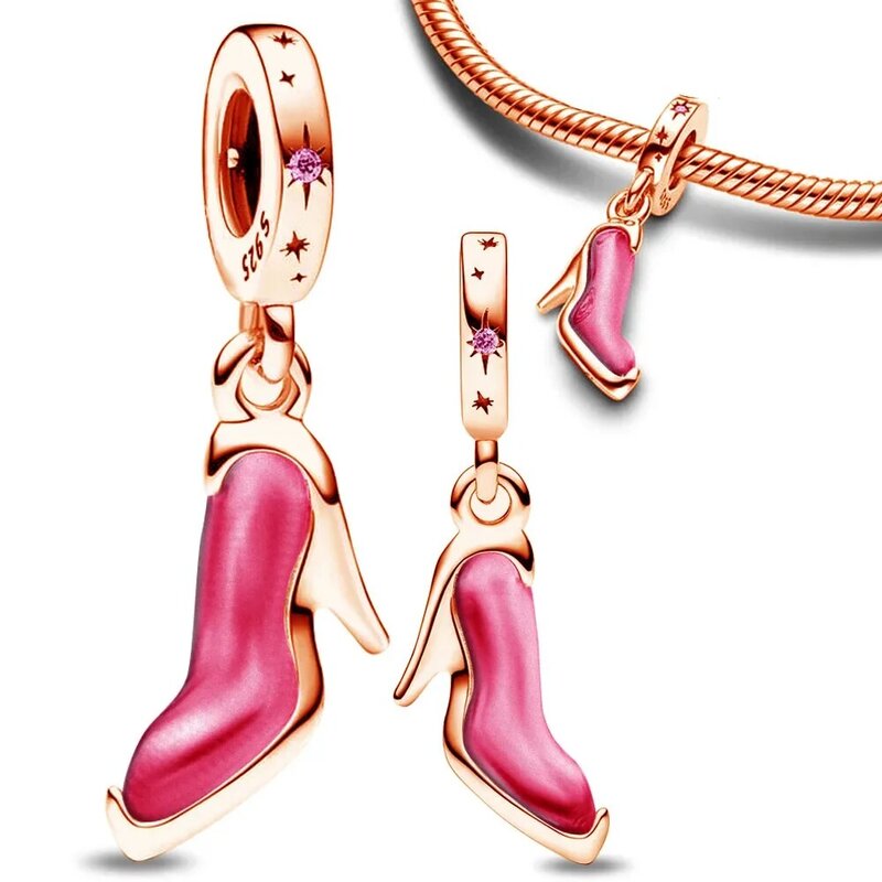 925 Sterling Silver High Heels Pendant para Mulheres, Ouro Rosa, Vermelho, Adesivo, Fits Pulseiras Pandora Originais, DIY Party Jewelry, Presente