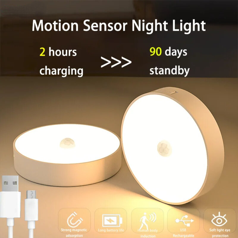 Luz LED Sensor de Movimento Humano, Luz Noturna Quarto, Escada Corredor, Iluminação Guarda-Roupa, Luz Decorativa, USB Recarregável