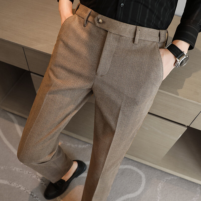 QJ CINGA New Grey Men's Woolen Pants Autumn/Winter Thick Trousers Men Slim Business Pantalones Hombre Fashion Slacks 28-36