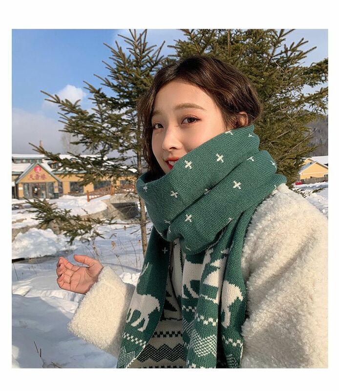 Bufanda de lana de punto de alce para mujer, bufanda roja cálida de invierno, bufanda japonesa versátil coreana, 2024
