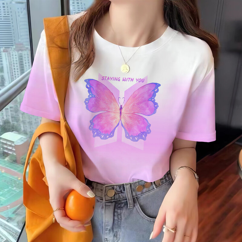 Damen T-Shirts 3d Schmetterling Druck Sommer Rundhals ausschnitt Kurzarm T-Shirts Mode lässig Farbverlauf T-Shirt übergroße Top