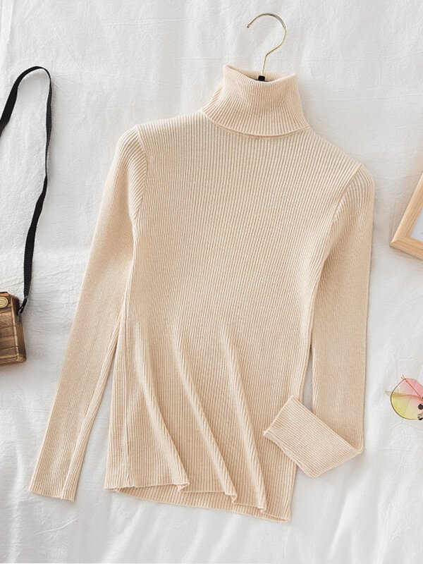 Korean Fashion Turtleneck Women Autumn Winter Pullover Sweater Basic Solid Casual Slim Stretch Ribbed Knitted Top Woman Sweaters