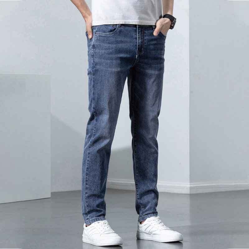 W koreańskim stylu moda uliczna jeansy męskie Stretch Skinny odzież męska modna bawełniana spodnie jeansowe Slim Casual Pants Gray Classic 2023