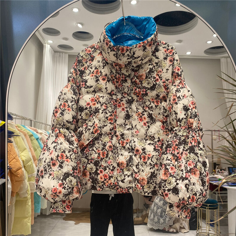 Inverno novo curto para baixo jaqueta para as mulheres coreano gola moda vintage floral impressão para baixo parka feminino casaco puffer y3121