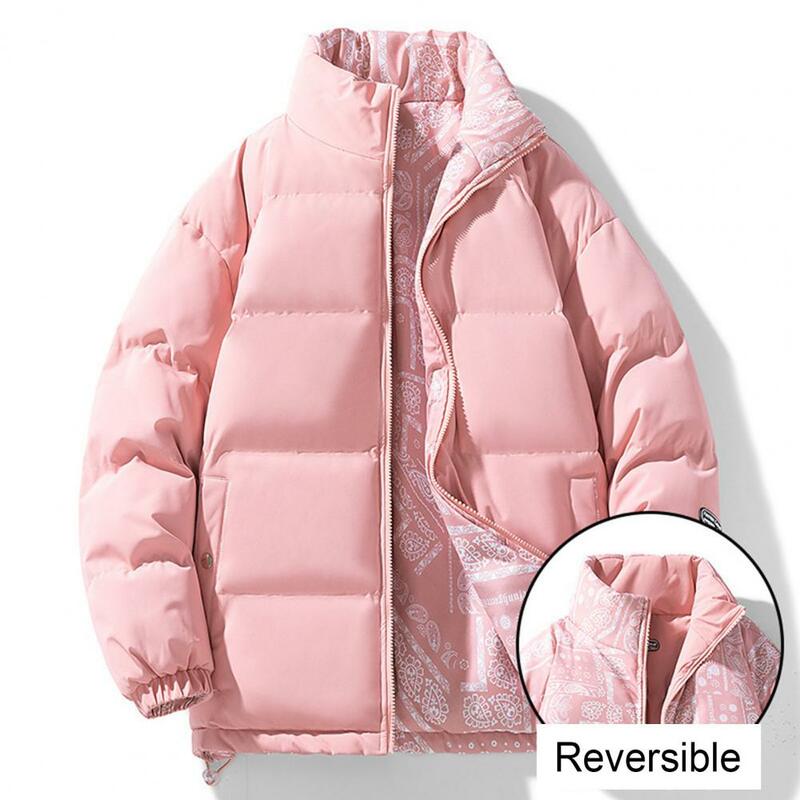 Płaszcz w jednolitym kolorze zimowy płaszcz bawełniany ze stójką wiatroszczelny ciepła watowana wypchany długi rękaw elastyczny mankiet para puchowy płaszcz
