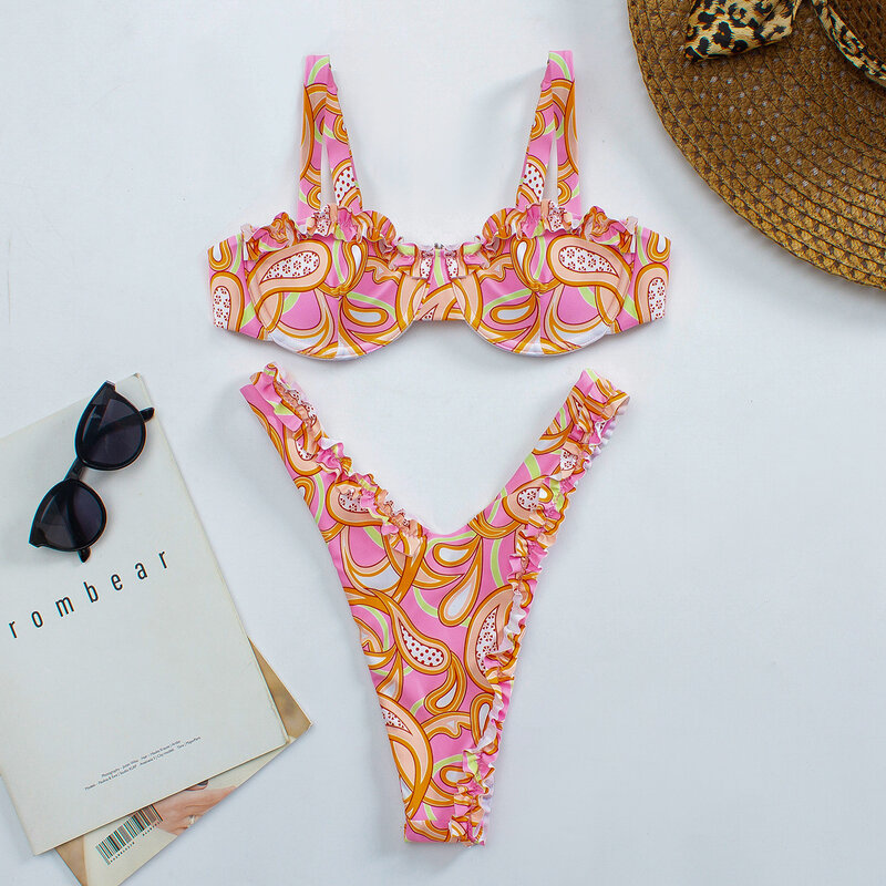 Bandeau z kwiatowym nadrukiem mikro bikini 2024 seksowne stringi damskie strój kąpielowy Push Up damski kostium kąpielowy pływanie letnie stroje plażowe