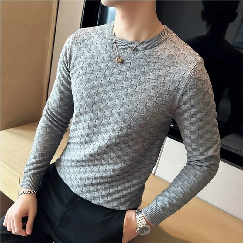 Autumn Winter Stretch Jacquard Woven O-Neck Sweater Men's Waffle Slim Fit Long Sleeve Knitted Pullovers Casual Streetwear Homme