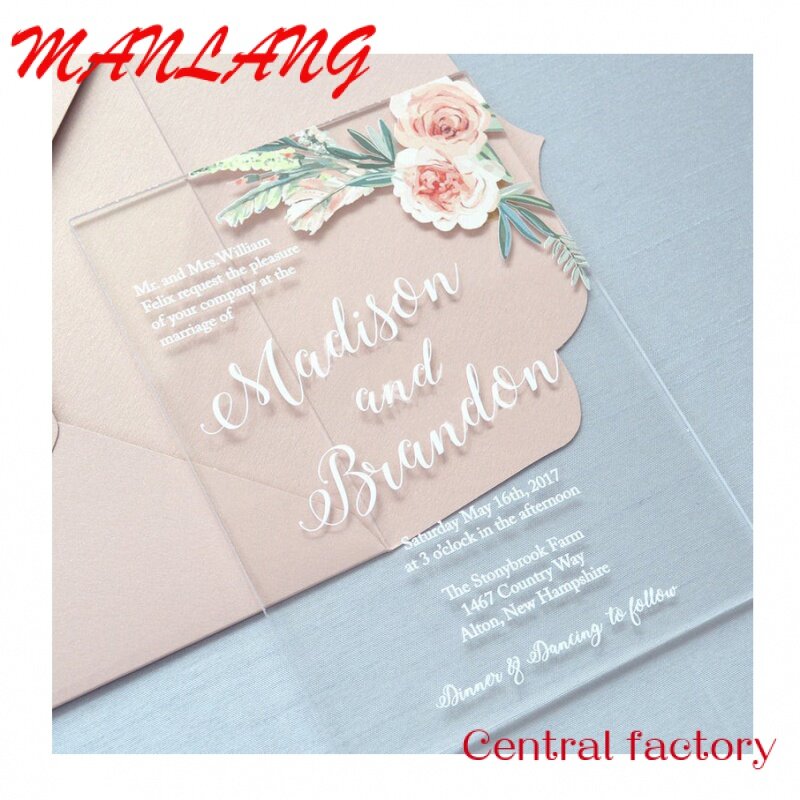 Cartão acrílico impresso personalizado do convite com Envelopes, cartões artesanais, selos de cera adesivos, convite de casamento, luxo