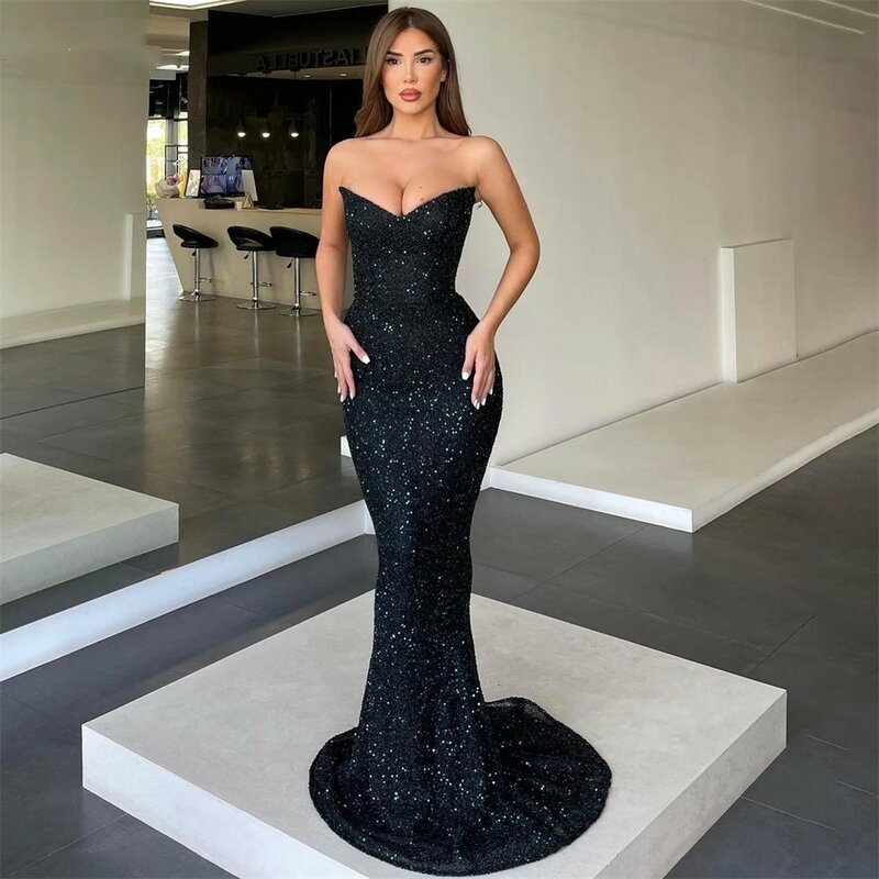 Glitter Black Mermaid Avondjurken 2023 Strapless V-hals Shiny Bodycon Dubai Prom Dress Arabië Backless Bruid Partij Jassen