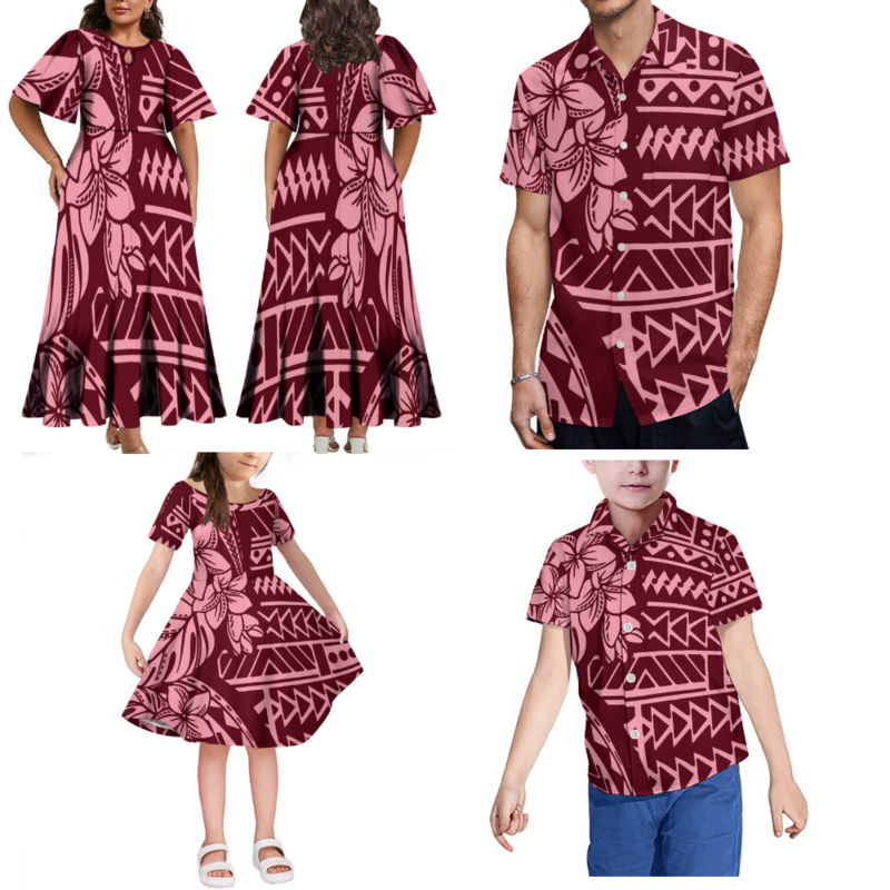 2024 nowa letnia sukienka damska z krótkim rękawem w stylu Fiji na wyspie koszula męska zestaw imprezowy rodziny polinezyjskiej sztuki drukowany obraz