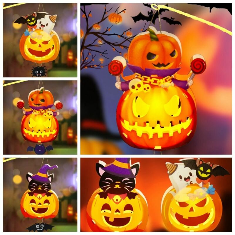 With LED Light Halloween Lantern DIY Materials Handmade Happy Halloween Day Halloween Pumpkin Lantern With Handle Luminous