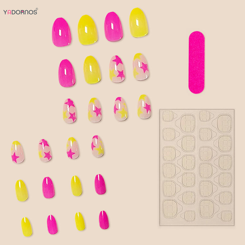 Rosa rosa stampa sulle unghie stella a cinque punte stampata mandorla indossabile unghie finte gialle copertura completa punte per unghie finte per ragazze Y2K