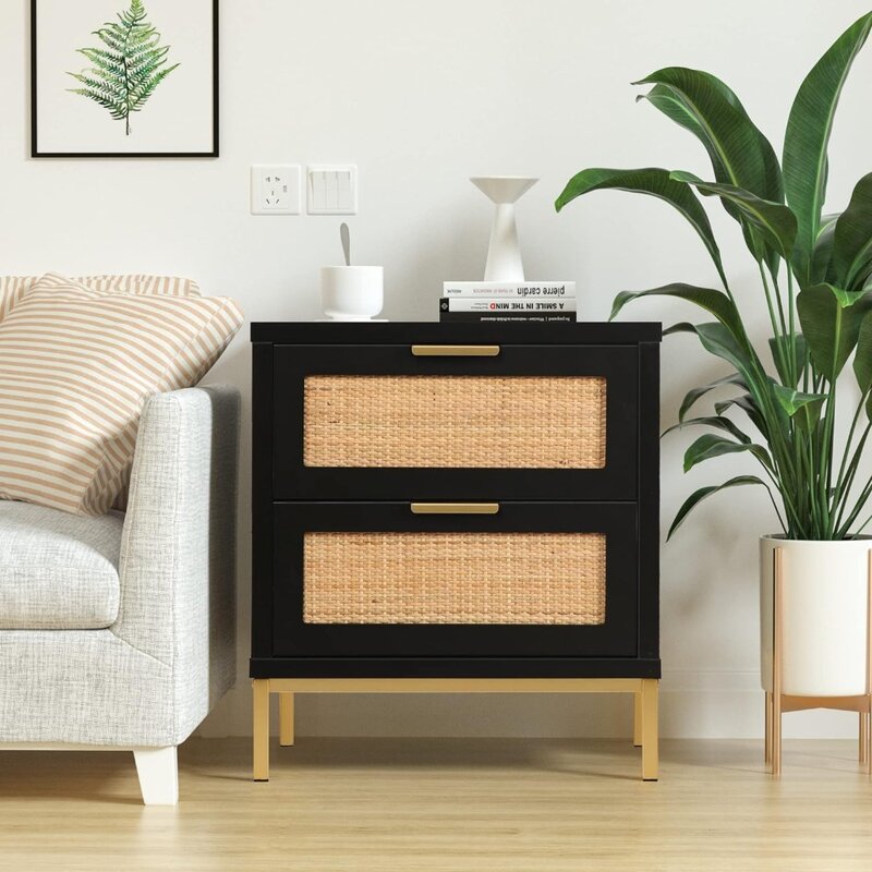 Rattan Nightstand 21.5" H Bedside Table with 2 Drawers Sofa Side Table 2 Drawer Nightstand for Bedroom End Table or Sofa End