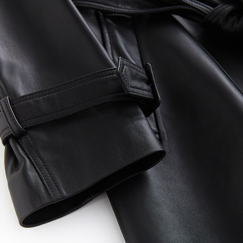Casaco longo de couro preto para mulheres, manga comprida, lapela de cinto, casacos luxuosos, moda estilo britânico, primavera, outono