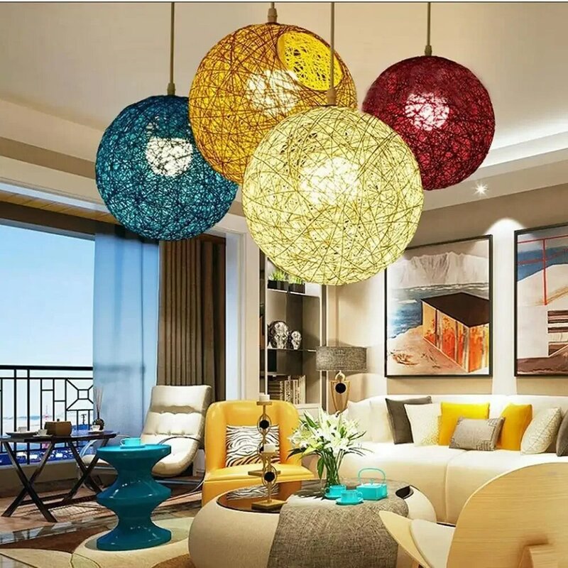 丸い手織りの籐のボールペンダントランプ,ライト,アートランプ,リビングルームとベッドルームの装飾