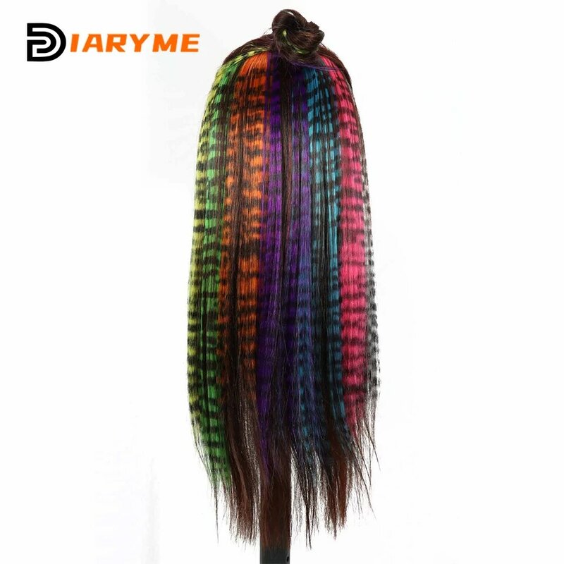 Peluca de extensión de cabello sintético para mujer, pelo largo y liso con Clip, línea de cebra de color, extensiones de plumas, cabello falso