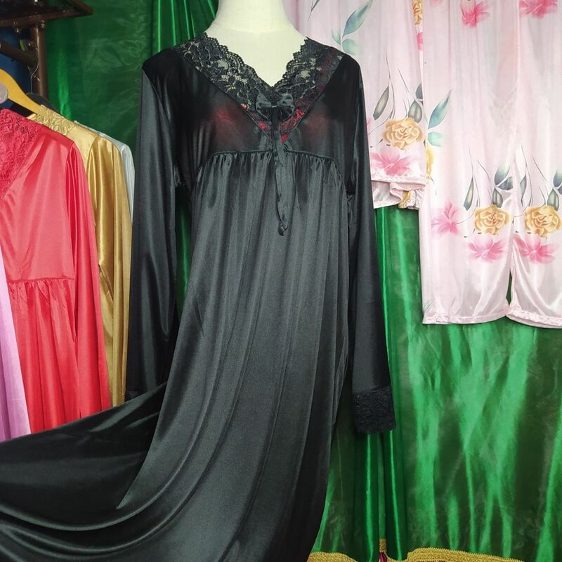 Glossy Sexy Women Lace Satin Maxi Dress V Neck Long Sleeve Loose Long Dress Plus Size Sleeping Robe