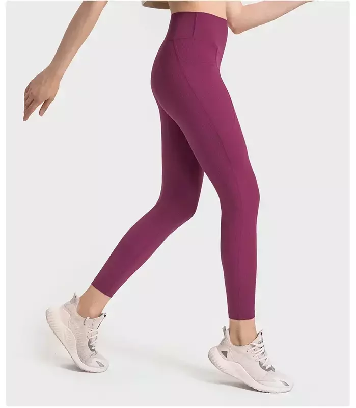 Citroen Vrouwen Hoge Taille Geribbelde Stof Leggings Met Zakken Gym Hardloopsport Yoga Broek Outdoor Jogging Panty Broek