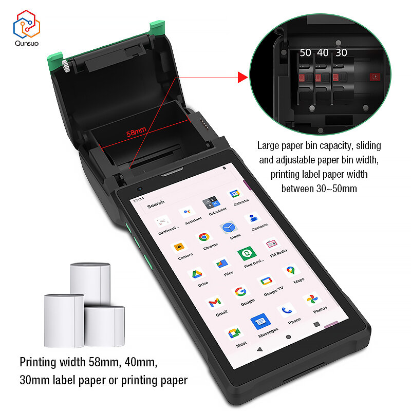 Terminal portátil Android Mobile POS, largura de impressão ajustável, 58mm, 6 Polegada Pda
