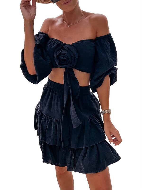 Women’s 2 Piece Summer Outfits Off Shoulder 3D Rosette Crop Tops Mini Ruffle Skirt Set