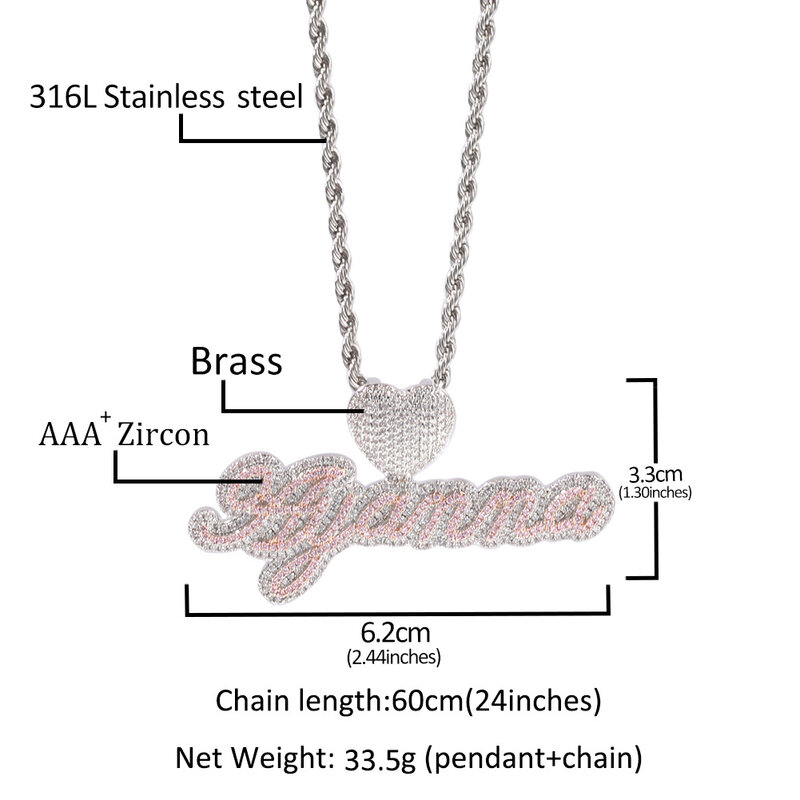 Uwin Csutom Cursive Letter With Heart Clasp 9mm Iced Out Cuban Chain Name Necklace Chain Cubic Zirconia Fashion Hiphop Jewelry