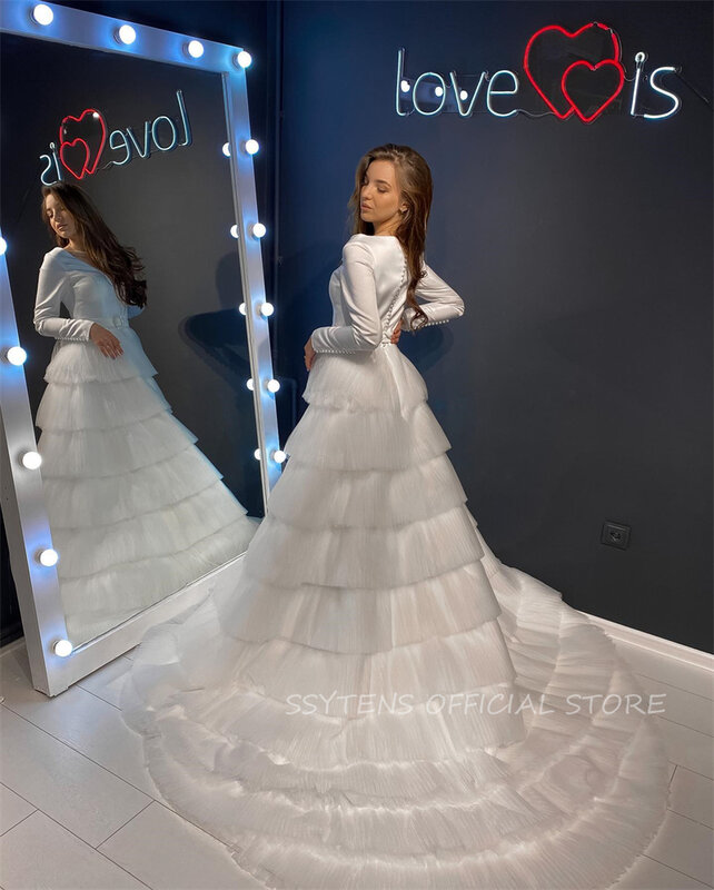 Vestidos de casamento marfim para mulheres Vestidos de noiva Mangas compridas, Tule em camadas, Cinto longo com decote em V, Vestidos de noiva personalizados, Novo, 2024