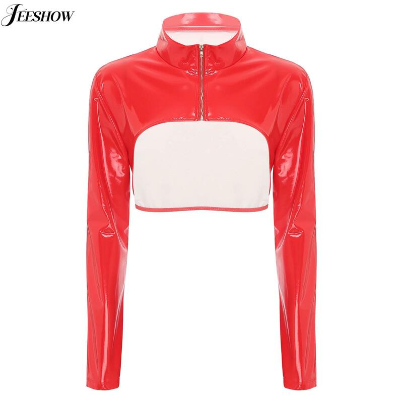 Womens Glossy Patent Leather Cop Top Stand Collar Zipper Ultra Short Jackets Long Sleeve Arm Sleeve Shrug Dance Party Clubwear