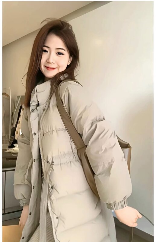 Korean Style Down Cotton Jacket for Women in Winter, New Loose and Versatile Mid Length, Knee  Standing Collar  Jacket  Trend