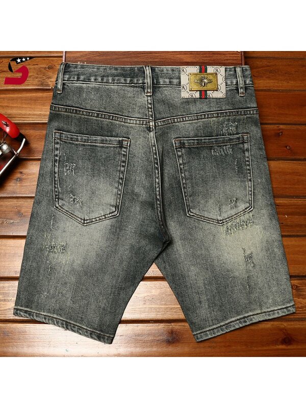 Shorts jeans bordados de alta qualidade para homens, slim fit, calça casual coreana cortada na moda, moda stretch, verão, 2024