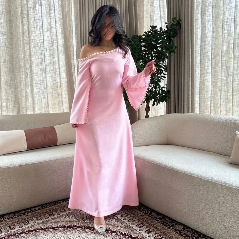 Saudi Arabia Evening Dresses for Women Boat Prom Dresses A Line Pink Chiffon Long Sleeve Party Gowns Long Formal Wedding