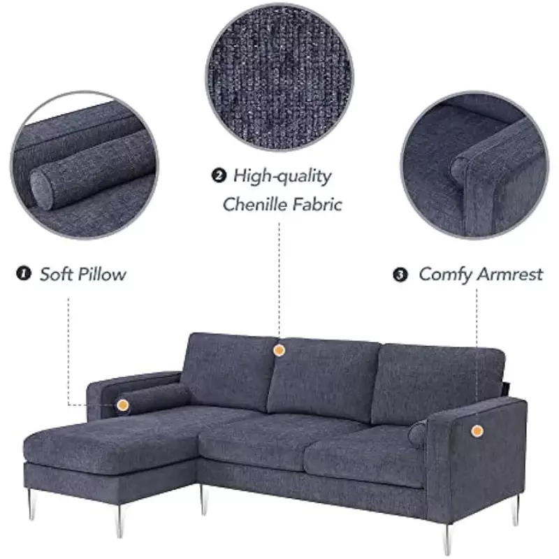 Sofa bentuk L 3 kursi, convertible dengan dua bantal bulat, isi spons, kain chenille, ruang tamu, sofa bagian modern