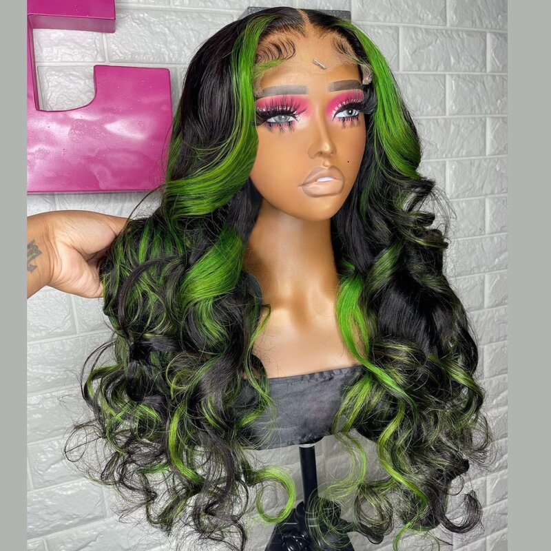 Зеленые и черные подсветки Wig13X4, синтетические кружевные передние парики для женщин, волнистые кружевные парики с эффектом омбре, зеленые предварительно выщипанные кружевные парики