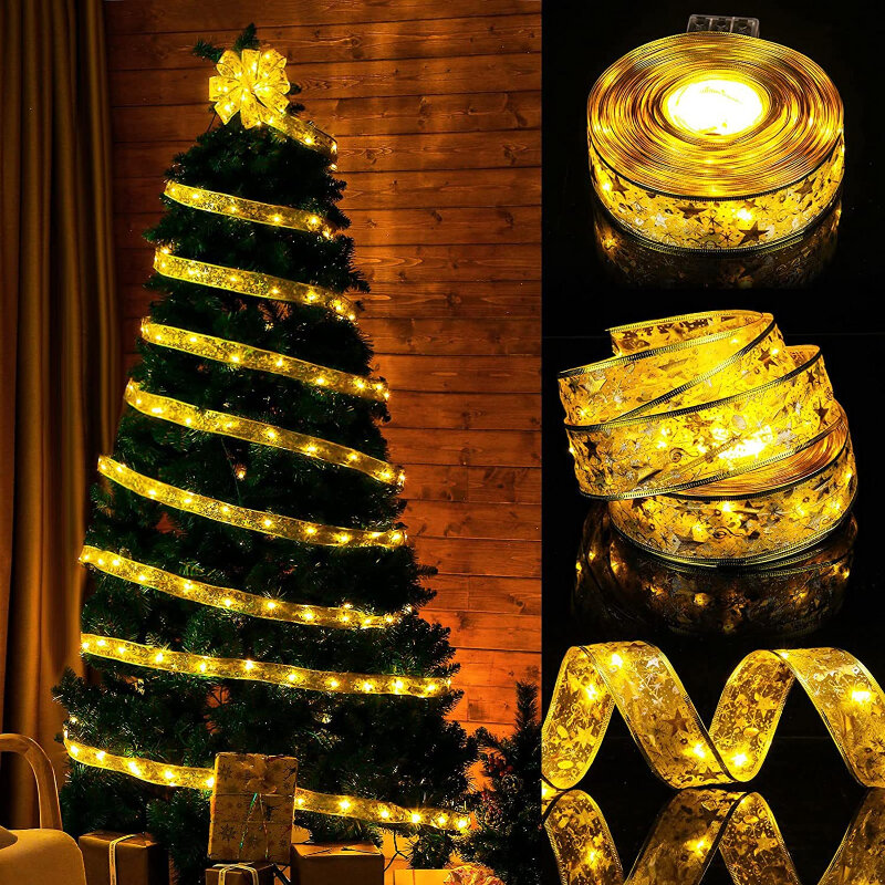 Рождественская атласная фотолента, фотоэлемент, Рождественская елка, теплый белый декоративный фотоэлемент, двухслойная позолоченная светящаяся лента, фотоэлемент