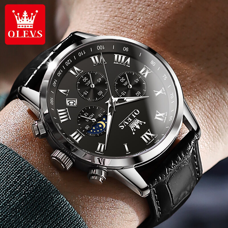 OLEVS-Relógio de Quartzo de Couro Impermeável Masculino, Cronógrafo, Calendário, Top Brand, Luxo, Moda, Relógio