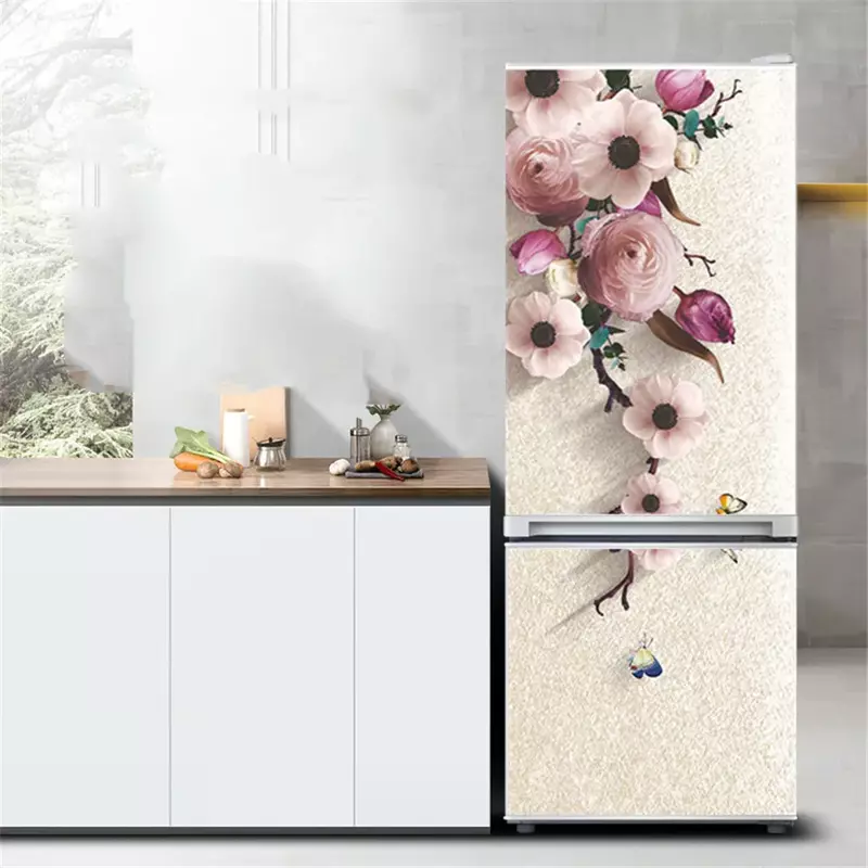 Autocollant de réfrigérateur à fleurs en PVC, papier peint pelé et bâton, décoration de maison, porte de maison champignon, murale, conception de réfrigérateur de cuisine étanche