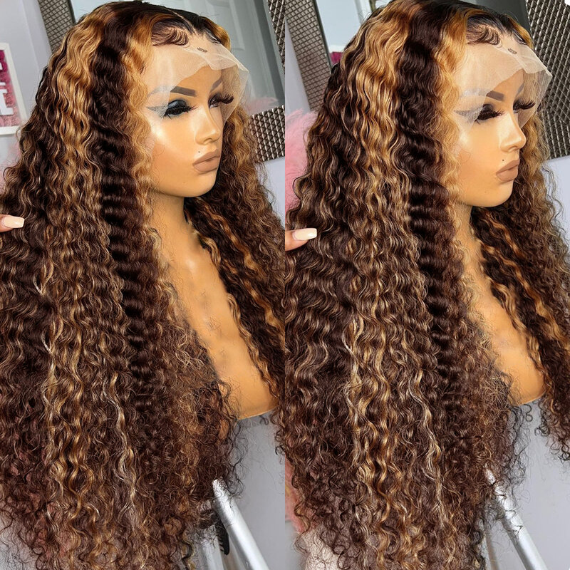 Perruque Lace Front Wig bouclée naturelle, cheveux humains, brun, à reflets, Deep Wave, 13x4, pre-plucked, pour femmes