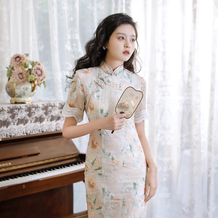 Qipao – robe de soirée Sexy en dentelle, Cheongsam, manches courtes, col Mandarin, Vintage
