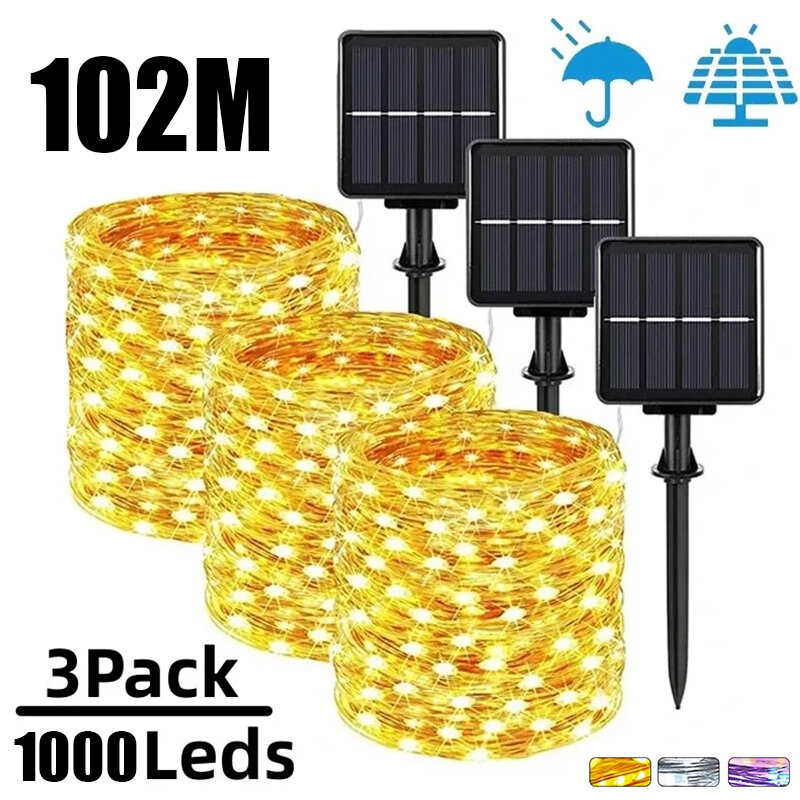 Extra-Long Solar String Lights Outdoor 3 Pack 1000 LED Waterproof Copper Wire 8 Modes Fairy Lights for Tree Garden Xmas Wedding