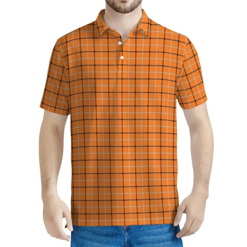 Kaus Polo pria, baju cetakan 3D kotak-kotak kasual longgar lengan pendek musim panas