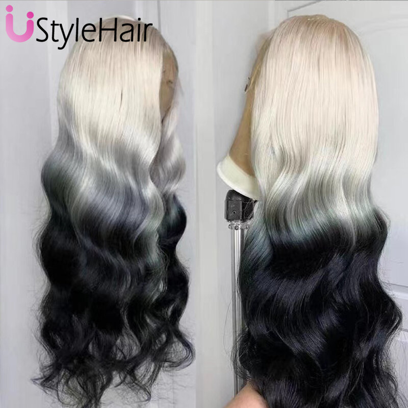 UStyleHair-Peluca de cabello sintético resistente al calor para uso diario, pelo negro platino con ondas corporales, raíces rubias, ombré, encaje frontal negro